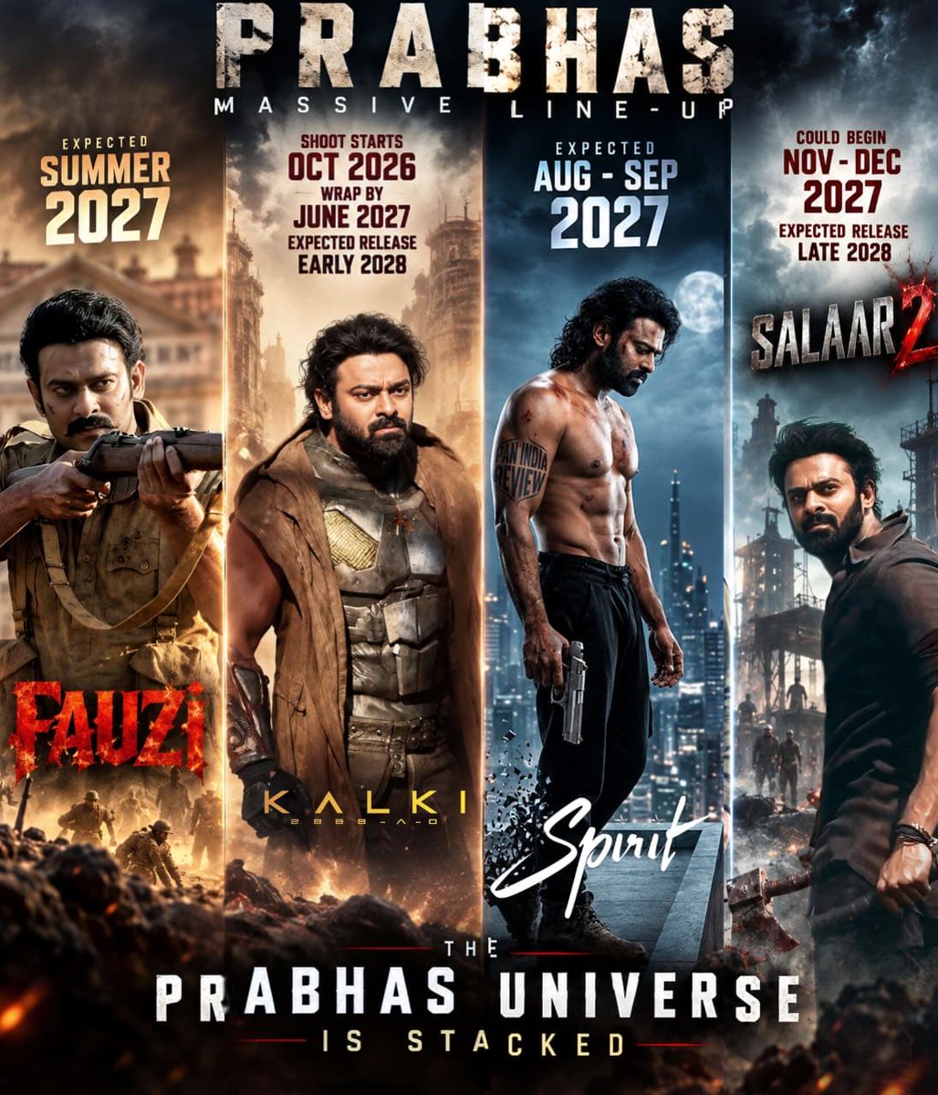 PanIndiaReview's tweet photo. Exclusive : #Prabhas in coming two years will Deliver 2 Potential ₹1000 Cr Grosser and Two Potential ₹2000 Cr Grossers 😎🤯

PRABHAS MASSIVE LINE-UP :

#Fauzi expected in Summer 2027 

#Spirit expected in Aug–Oct 2027

#Kalki2 shoot Starts from Oct 2026 and expected to wrap by June 2027- Release expected in Early 2028.

#Salaar2 could begin around Nov–Dec 2027 and late 2028 release.

The Prabhas Universe is stacked 🔥