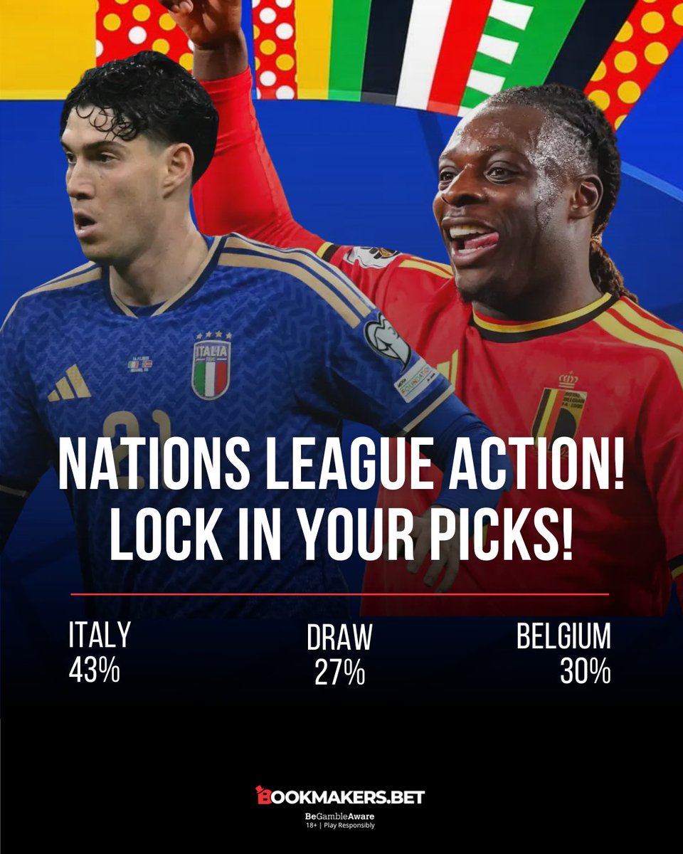 bookmbet's tweet photo. NATIONS LEAGUE DAY 2 IS UPON US! 🏆🇪🇺🔥
The international action continues! Day 2 brings us two absolute blockbusters kicking off simultaneously at 20:45 CET! ⚽💣

No domestic football? No problem. The odds are locked in and the bets are ready—who are you trusting tonight? 📈💸

Italy vs. Belgium — The Azzurri hold the home advantage as 43% favorites, while Belgium sit at 30% to steal a massive result on the road! 🇮🇹🇧🇪

Turkey vs. France — Les Bleus are the clear favorites of the night at 65% to secure 3 points in a hostile environment against Turkey at 16%! 🇫🇷🇹🇷

Swipe right for the match breakdown! 👉📱

👇 Can Belgium or Turkey pull off the upset, or are Italy and France locking in easy wins? Drop your predictions below!