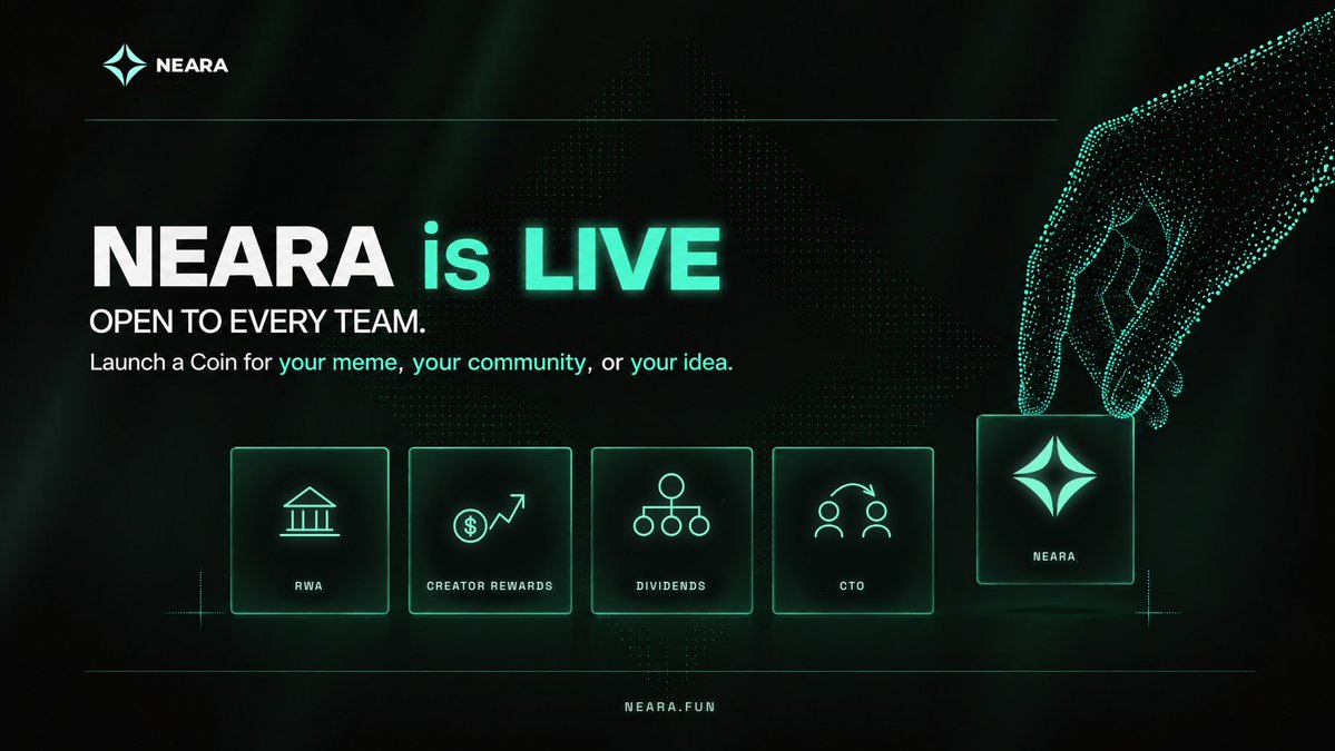 nearafun's tweet photo. NEARA IS LIVE NOW
https://t.co/nGavXjhYGM

Launch a coin for your meme, your community, or your idea on @NEARProtocol

Launch your coin with a 1% Rhea liquidity pool and get discovered across major DEX aggregators like DEX Screener, GeckoTerminal, DEXTools, and more - from the first second.

Keep the majority of the value generated by your community. Creators receive 70% of trading volume.

Want your coin to pay dividends? Just turn on the Dividends feature when you launch.

Did the original dev leave or abandon the project?
The community can take over, manage the token, and earn trading fees.

Pair your token with a stock, memecoin, or other asset - and build more advanced token mechanics around it.

Official token $NEARA
CA: neara.nearafun.near

Neara Fun - the home of memes on NEAR.