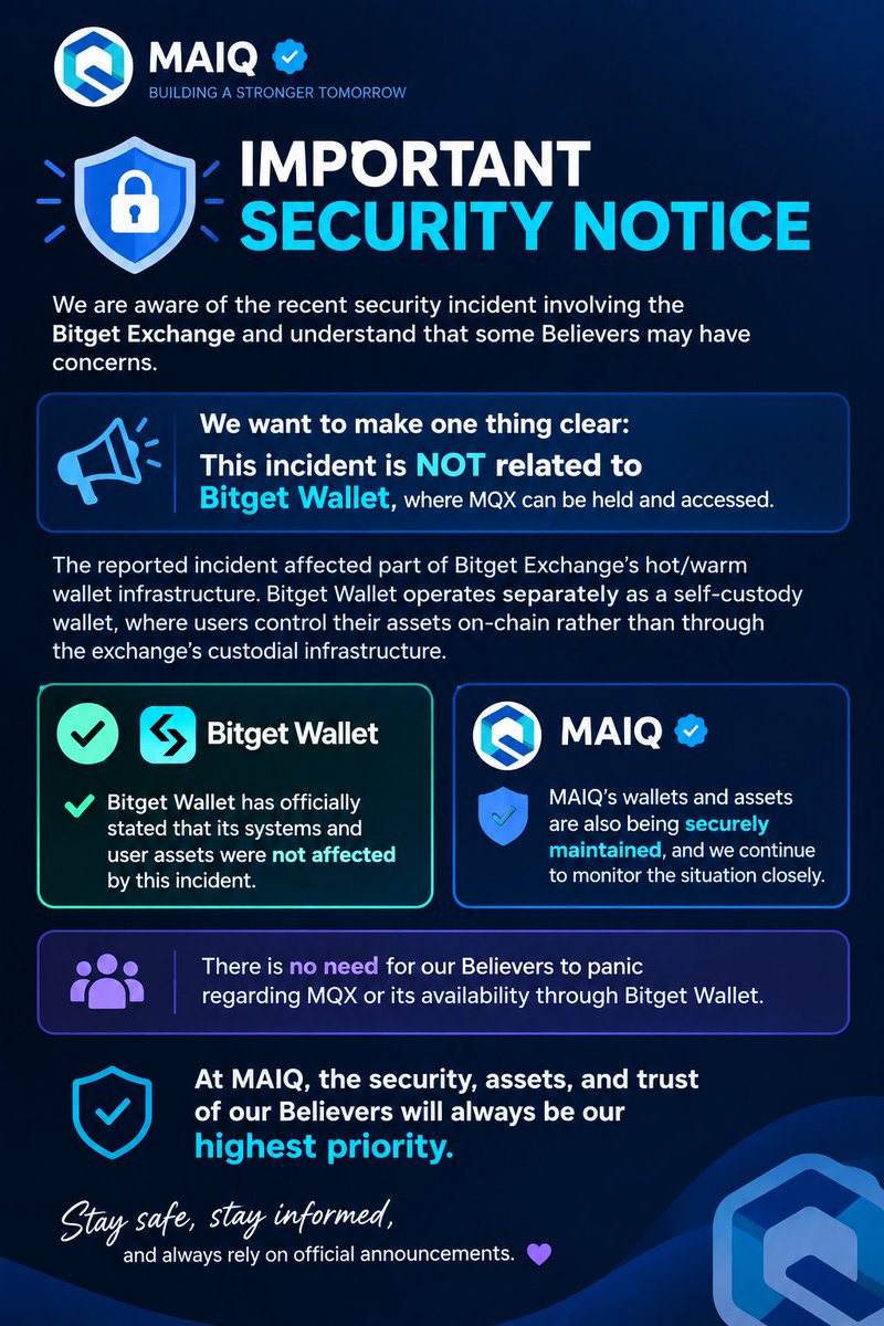 OliverSmitvnfv's tweet photo. 🔐 Security first. The Bitget Exchange incident is separate from Bitget Wallet. Stay calm, stay informed, and follow official updates. 💙 

Follow: @maiqfinance https://t.co/abRIgU5bjk