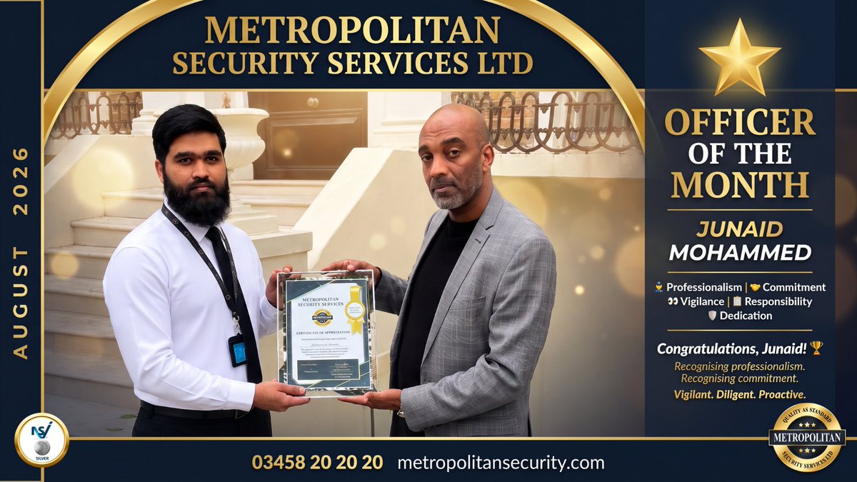 MetropolitanSS2's tweet photo. 🏆 AUGUST OFFICER OF THE MONTH — JUNAID MOHAMMED Today we're pleased to recognise Junaid Mohammed as our August Officer of the Month. 👏Behind every professional security service is a security officer who shows up, stays alert and represents the standards expected of them. https://t.co/EXtKNMGhKB