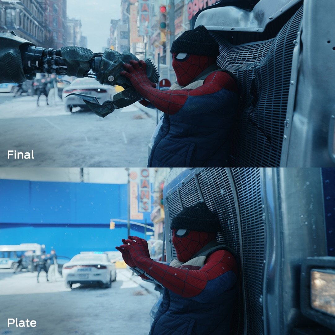 vigilanthwip's tweet photo. framestore studio released a behind the scenes look at the VFX before and after for spider-man: brand new day (2026) https://t.co/4GApNdaY4c