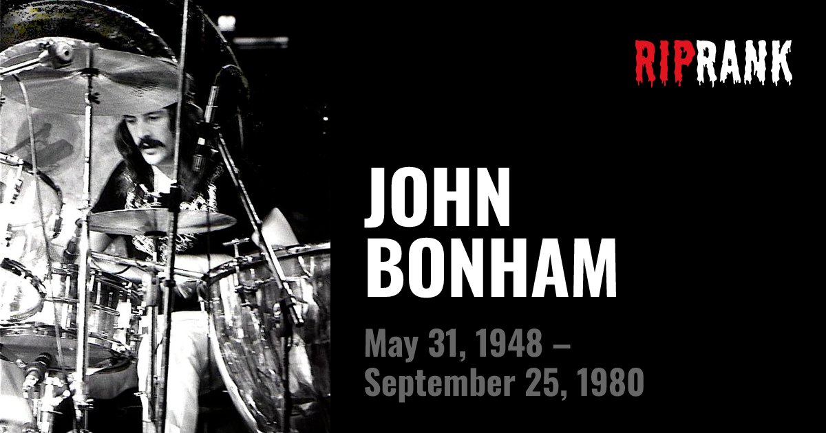riprank's tweet photo. On this day rock lost its heaviest right foot. Led Zeppelin’s John Bonham choked on his own vomit after a 40-shot vodka marathon: an exit so chaotic the band broke up rather than replace him. Our undisputed #1 rock drummer ever. Where do you rank him? https://t.co/MMGVokmFZj https://t.co/3SYW4tPB53