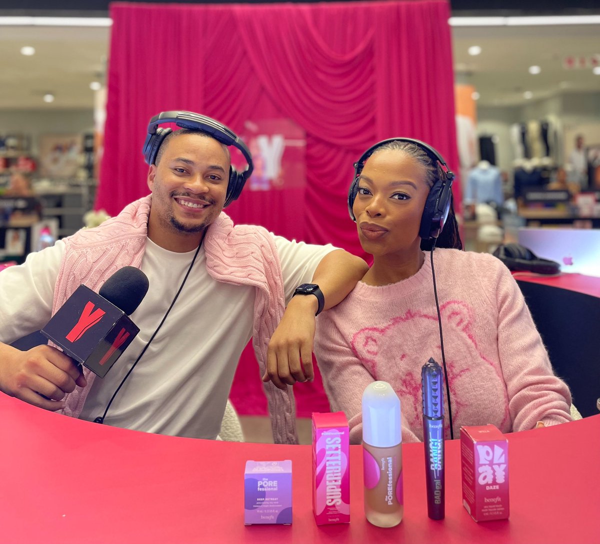 Yfm's tweet photo. @AyandaMVP and @__sinaye are broadcasting LIVE from Edgars Sandton with #BenefitSA π https://t.co/pbPfnstmLX
