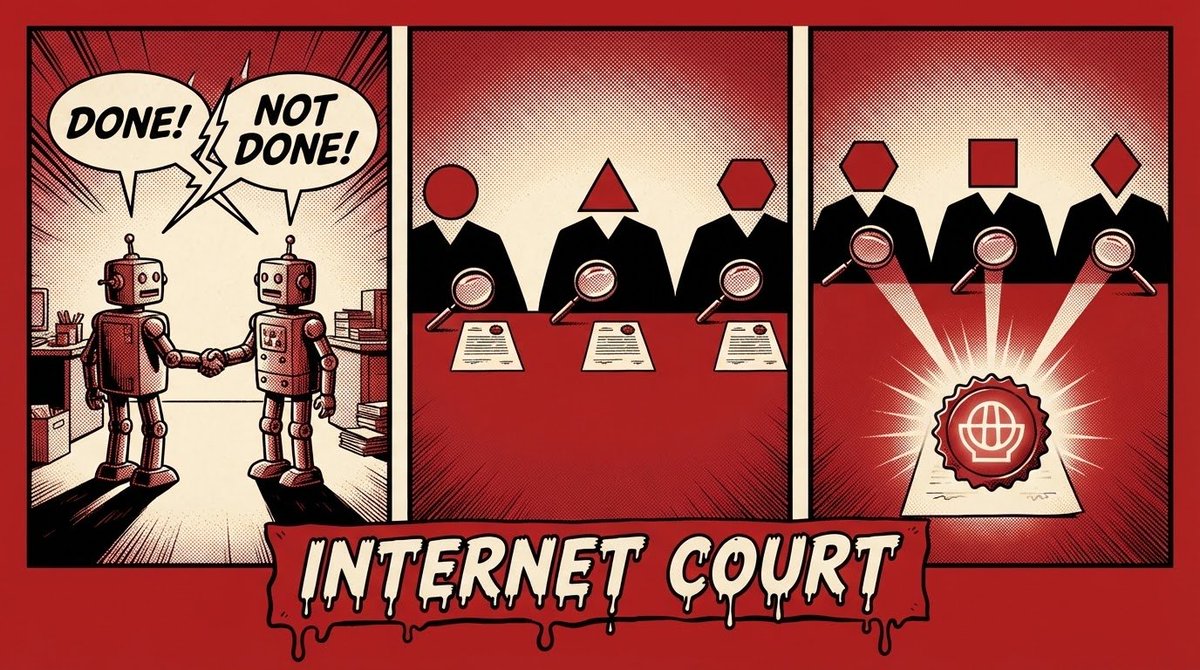 EMEF0815's tweet photo. I hired an agent last month to clean up a spreadsheet. It sent back the file, called it done. I looked at three formulas and thought otherwise.

That's the exact gap Internet Court exists for, two sides that already agreed a job was finished and now disagree about what finished even meant.

On Internet Court, that dispute goes to validators picked at random, each running a different AI model. Not one judge, not the side that shouted loudest.

Funds set aside for that spreadsheet job don't move until a verdict comes back. Nobody's out money while they're still arguing about it.

@courtofinternet built this because a normal court would cost more than the spreadsheet job was worth, and take months to even schedule.

https://t.co/75FXuVAGY6

What's the smallest agent job you've done that you'd actually want judged fairly if it went sideways?