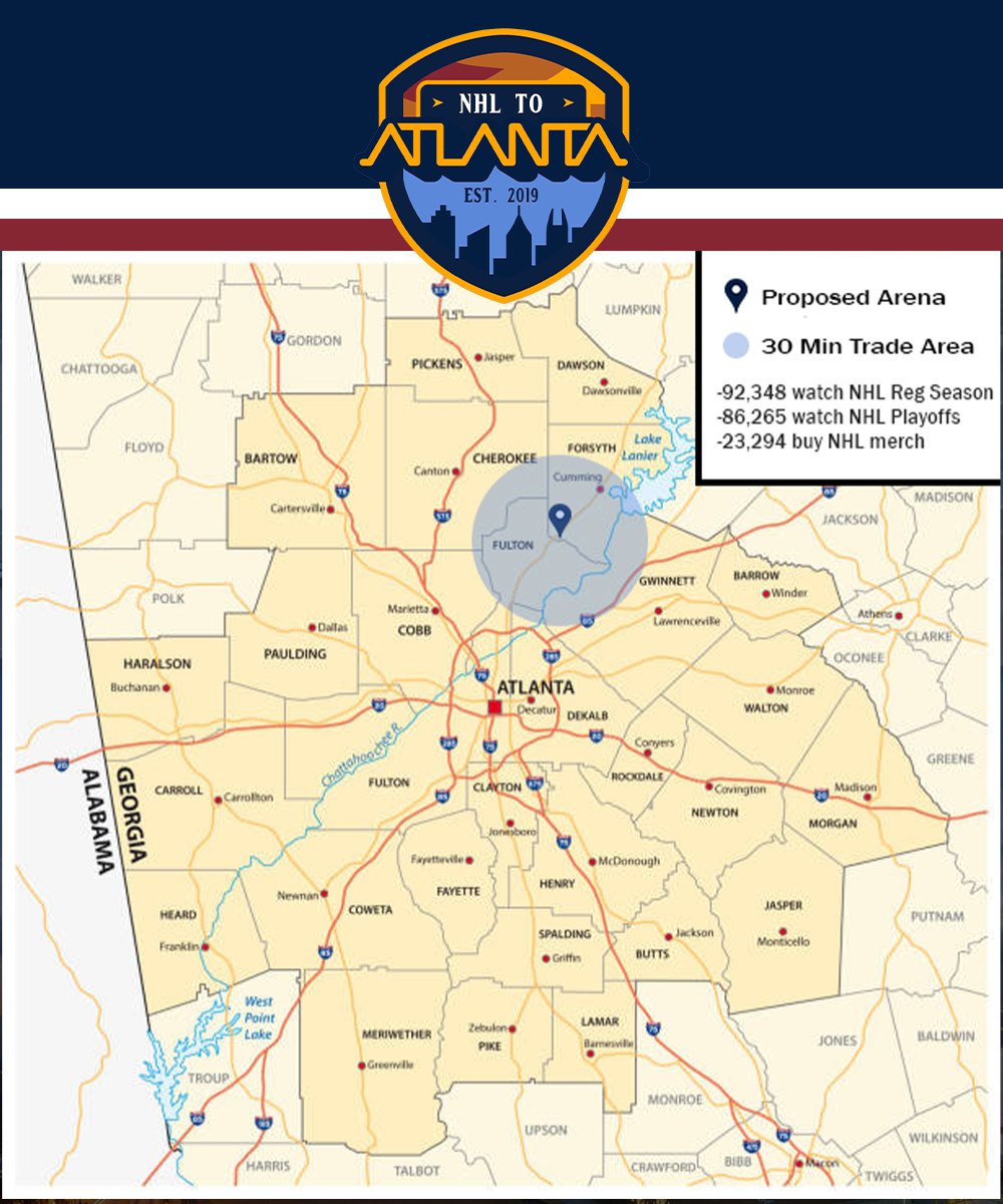 NHLtoAtlanta's tweet photo. UPDATE:  According to a Sportsnet article published on Wednesday NHL Deputy Commissioner Bill Daly suggested the league could potentially launch a feasibility study on the Atlanta market.

“We’re waiting on some information,” Daly said, “but I can see us being in a position where we might want to do a feasibility study.”
Commissioner Gary Bettman specified it would be  “particularly as to location.”

Bettman’s emphasis on location is notable given previous market research surrounding The Gathering at South Forsyth.

In February 2024, Forward Forsyth obtained an Esri Sports & Leisure Market Potential analysis on The Gathering’s arena location. Within the site’s 30-minute trade area, Esri estimated 92,348 NHL regular-season viewers and 86,265 NHL playoff viewers, with Market Potential Index scores demonstrating NHL viewing propensity within the immediate trade area was approximately 20% above the U.S. average.

While this analysis is separate from any feasibility study the NHL may conduct, it provides existing location-specific market data on the proposed South Forsyth arena site.