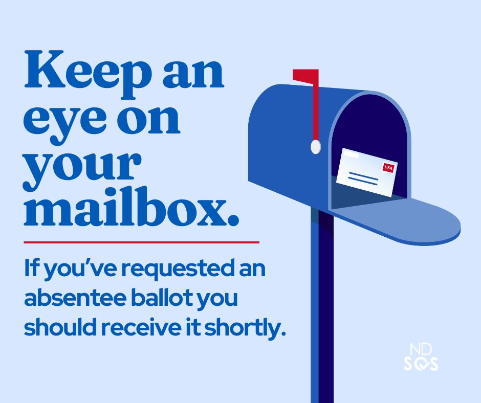 NorthDakotaSoS's tweet photo. Absentee ballots are on their way to North Dakota voters who have requested one.

Remember, your county auditor must receive completed absentee ballots by the close of polls on Election Day to be counted.

Find absentee voting information at https://t.co/2aLkHXlAcj. https://t.co/V4YQ2nfULp