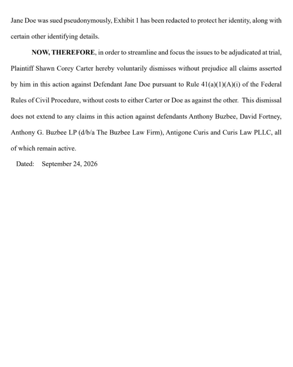 XXL's tweet photo. The woman who accused Jaÿ-Z of rape recants her claims and now says she never met Hov.

On Thursday evening (Sept. 24), Jigga's legal team filed a motion dismissing Jane Doe from his federal lawsuit against the woman and her former attorney, Anthony Buzbee. The update comes after Jane Doe fully retracted her previous lawsuit claims that she was raped by the rap icon at a party in 2000 when she was 13.

"My allegations that Shawn Carter raped me or otherwise sexually assaulted me were false," her statement reads. "I have never met Mr. Carter. Mr. Carter never engaged in any inappropriate conduct toward me whatsoever. There is no truth to any of my claims against Mr. Carter. I understand that my false accusations have caused Mr. Carter immense pain, suffering and damage that can never be fully undone. I sincerely and unconditionally apologize to Mr. Carter for the devastating harm I have caused to him, his family, and his reputation."

Jane Doe's current attorney, J. Blair Newman, maintains that his client was the victim of a sexual assault but was mistaken in identifying Jaÿ-Z as the perpetrator.

The Roc Nation founder was accused in an amended lawsuit against Diddy filed in December of 2024 of sexually assaulting Jane Doe during an MTV VMAs afterparty in New York. In response, Jaÿ-Z countersued the woman and the attorney who filed the suit, Anthony Buzbee, for making false claims.

Last February, a judge dismissed Jane Doe's lawsuit after the woman admitted to making "mistakes" in her story. Though Jay dismissed Jane Doe from his countersuit, her former attorney, Anthony Buzbee, and his law firm remain defendants.