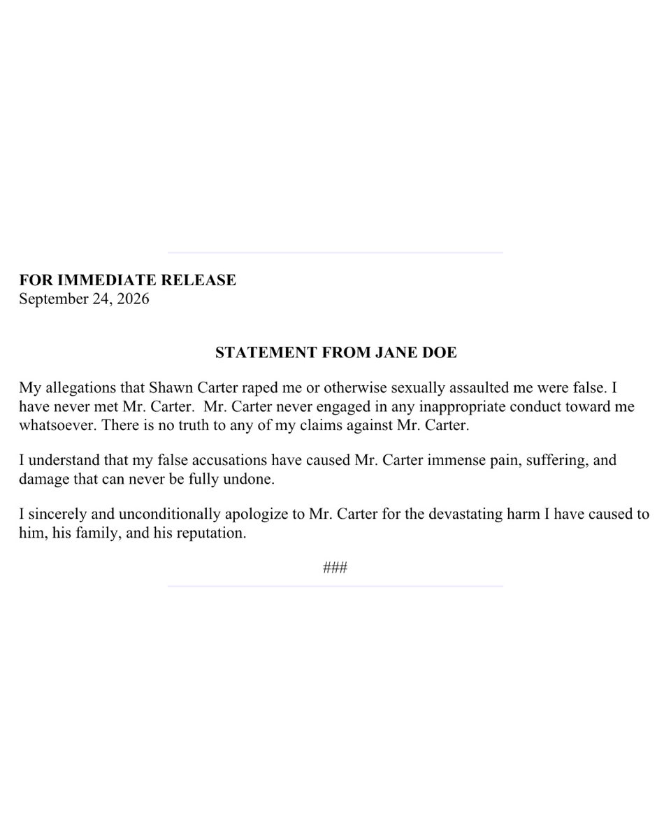 XXL's tweet photo. The woman who accused Jaÿ-Z of rape recants her claims and now says she never met Hov.

On Thursday evening (Sept. 24), Jigga's legal team filed a motion dismissing Jane Doe from his federal lawsuit against the woman and her former attorney, Anthony Buzbee. The update comes after Jane Doe fully retracted her previous lawsuit claims that she was raped by the rap icon at a party in 2000 when she was 13.

"My allegations that Shawn Carter raped me or otherwise sexually assaulted me were false," her statement reads. "I have never met Mr. Carter. Mr. Carter never engaged in any inappropriate conduct toward me whatsoever. There is no truth to any of my claims against Mr. Carter. I understand that my false accusations have caused Mr. Carter immense pain, suffering and damage that can never be fully undone. I sincerely and unconditionally apologize to Mr. Carter for the devastating harm I have caused to him, his family, and his reputation."

Jane Doe's current attorney, J. Blair Newman, maintains that his client was the victim of a sexual assault but was mistaken in identifying Jaÿ-Z as the perpetrator.

The Roc Nation founder was accused in an amended lawsuit against Diddy filed in December of 2024 of sexually assaulting Jane Doe during an MTV VMAs afterparty in New York. In response, Jaÿ-Z countersued the woman and the attorney who filed the suit, Anthony Buzbee, for making false claims.

Last February, a judge dismissed Jane Doe's lawsuit after the woman admitted to making "mistakes" in her story. Though Jay dismissed Jane Doe from his countersuit, her former attorney, Anthony Buzbee, and his law firm remain defendants.