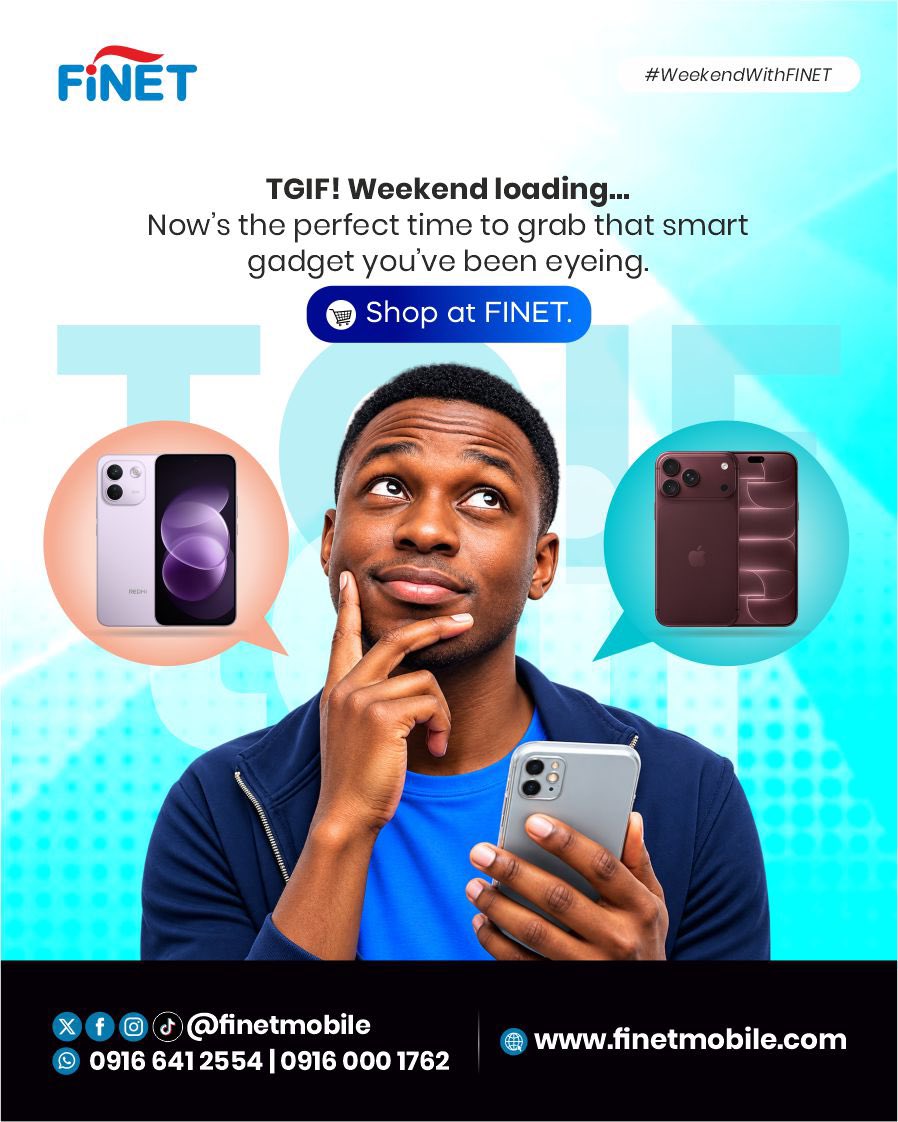FinetMobile's tweet photo. WEEKEND MODE: ON! 😎📱✨

That gadget you’ve been eyeing? This is your sign. 👀

Shop smartphones, accessories &amp; more at FINET.

🌐 https://t.co/28NF7jzzHJ
📲 0916 641 2554 | 0916 000 1762

#WeekendWithFINET #FINETMobile #TGIF https://t.co/MbGZE9jIox