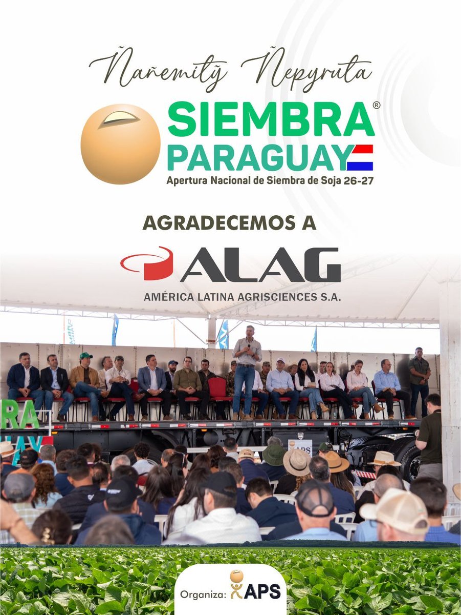 APScentral's tweet photo. ¡Gracias ALAG América Latina Agrisciences S.A. por estar presentes y apoyar al sector productivo en la IV Siembra Paraguay Apertura Nacional de Siembra de Soja organizada por la APS!
#UnidosSomosFuertes 🌱👨🏻🌾👩🏻🌾 https://t.co/NLKpnqEadT
