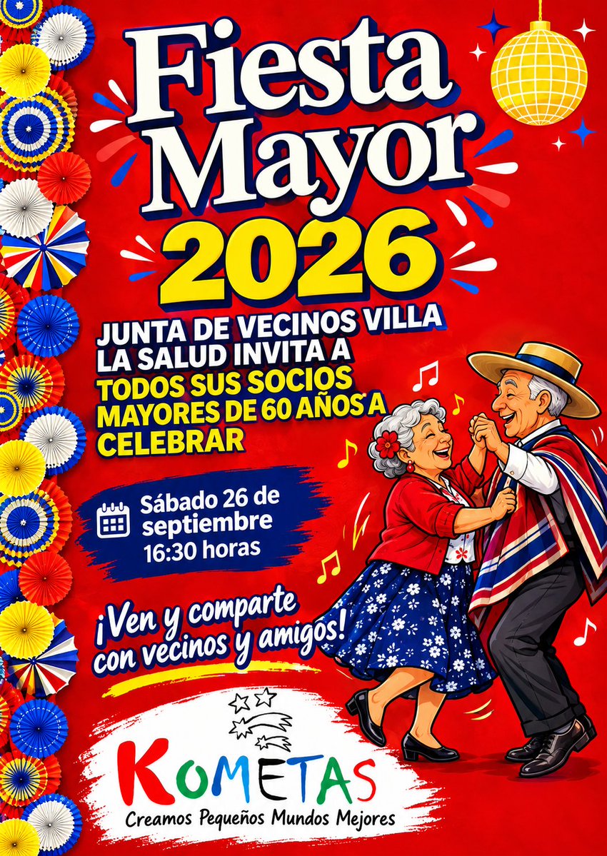 kometaschile's tweet photo. Este sábado 26 de septiembre estaremos compartiendo con nuestr@s abuelit@s de Puente Alto para celebrar una hermosa fiesta. Desde las 16:30 hrs. Creamos Pequeños Mundos Mejores ✨❤️🎶🎤👴🏻👵🏻 #Kometas #PuenteAlto #Abuelitos #Fiesta #Amor #sammisreyes #Monsalve #Bacheletyboric https://t.co/j5KoYaBhAt