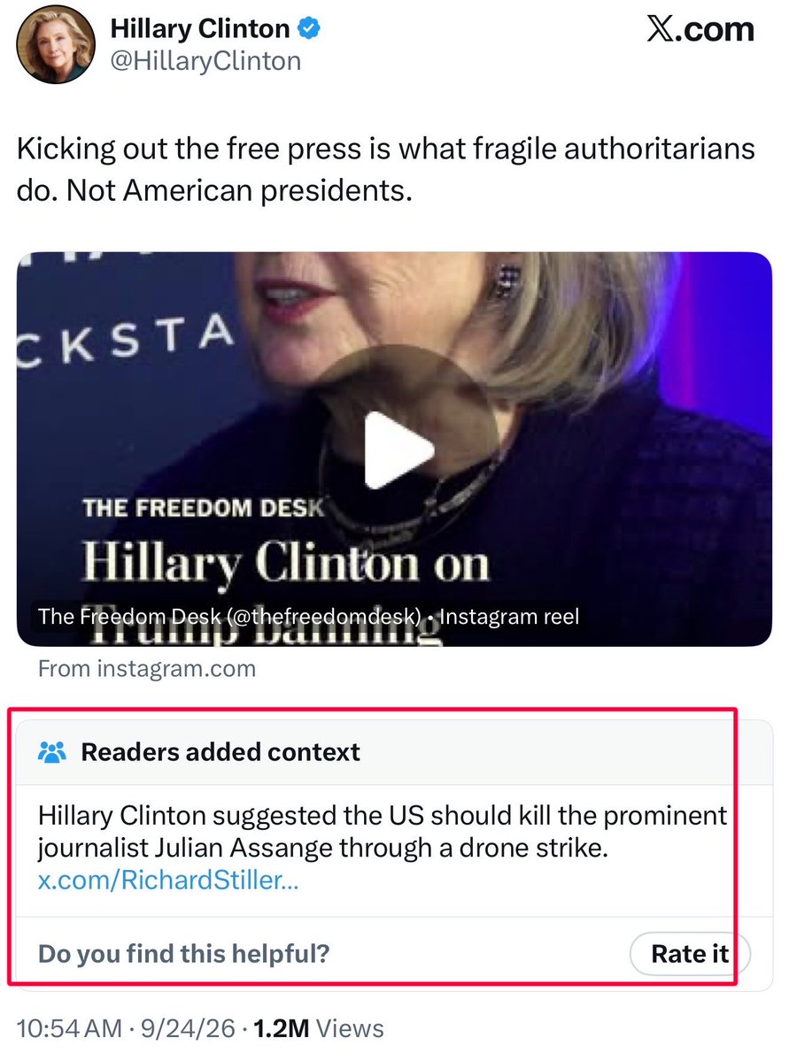 alx's tweet photo. Good morning to everyone except for @HillaryClinton.

Community Notes are a bitch 🤣 https://t.co/j9q14UZBrs