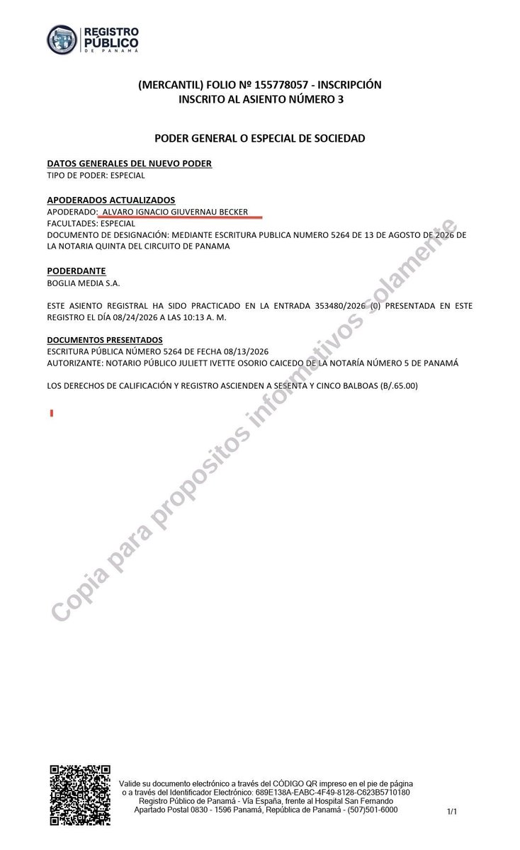 socialholico's tweet photo. Resulta que Galamedios S.A.S fue transferida a Boglia Media (firma con sede en Panamá), y su apoderado en el Ecuador desde el 24/AGO es Álvaro Guivernau Becker, actual esposo de Mishel Mancheno Presidenta de la Asamblea.

Se te siguen riendo en la cara. https://t.co/wkPZS4dv5S