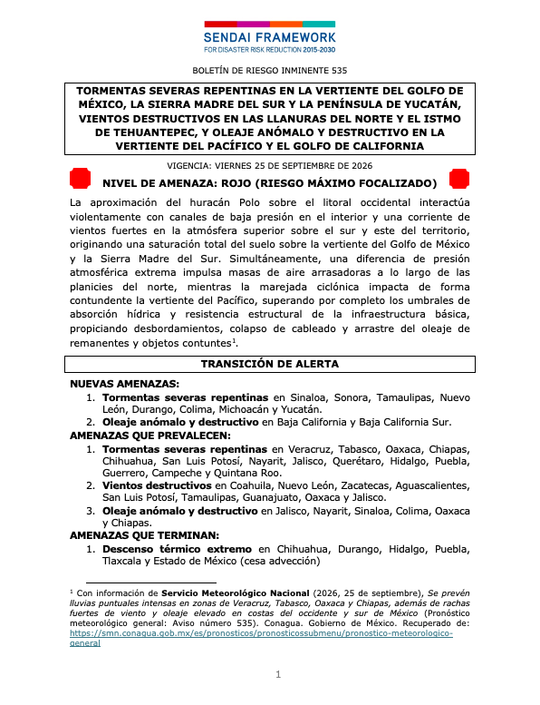 siempreinexorab's tweet photo. Boletin de Riesgo Inminente 535 para México
Nivel de Amenaza: Rojo (riesgo máximo focalizado)
Vigencia: viernes 25 de septiembre de 2026
Sendai Framework #EW4All - Impact Based Forecast #IBF
@PCEstatalVer @ProcivilTabasco @CEPCYGR_GobOax @pcivilchiapas @CEPC_Chih @GobEdoSLP(hilo) https://t.co/AqmAnBKa0k
