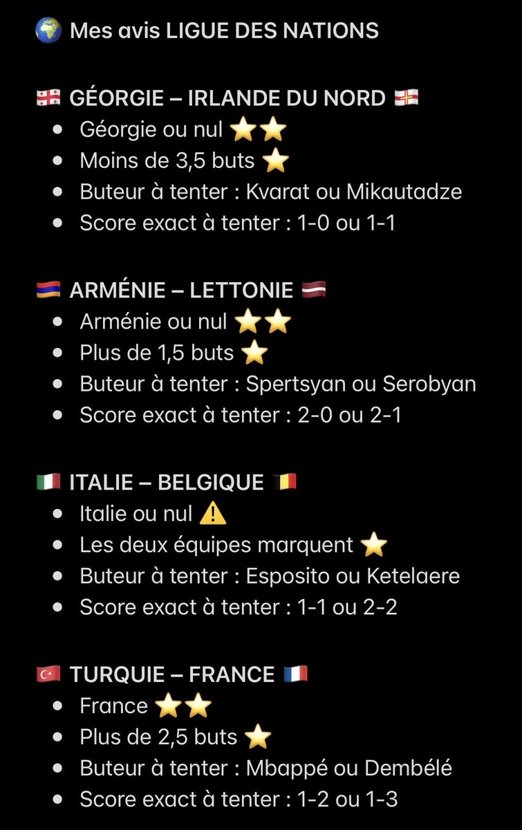 NtkPronos's tweet photo. 🇪🇺 Mes avis Nations League ! 

💭 Des matchs plutôt intéressants dans l’ensemble, première sous Zidane pour les bleus. 

⚠️ Match à éviter
⭐️ Petite confiance
⭐️⭐️ Bonne confiance

❤️ Pense au p’tit LIKE pour le travail :) https://t.co/hVUlL2LnKa