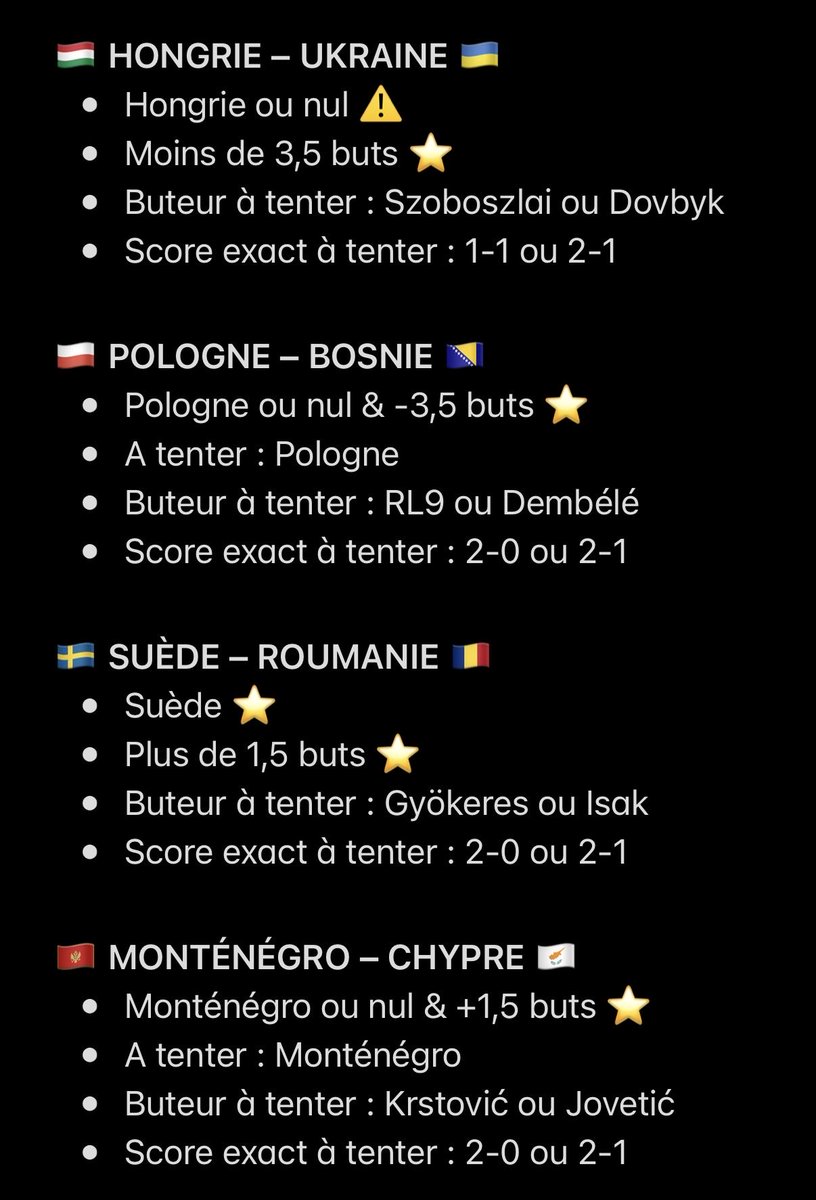 NtkPronos's tweet photo. 🇪🇺 Mes avis Nations League ! 

💭 Des matchs plutôt intéressants dans l’ensemble, première sous Zidane pour les bleus. 

⚠️ Match à éviter
⭐️ Petite confiance
⭐️⭐️ Bonne confiance

❤️ Pense au p’tit LIKE pour le travail :) https://t.co/hVUlL2LnKa