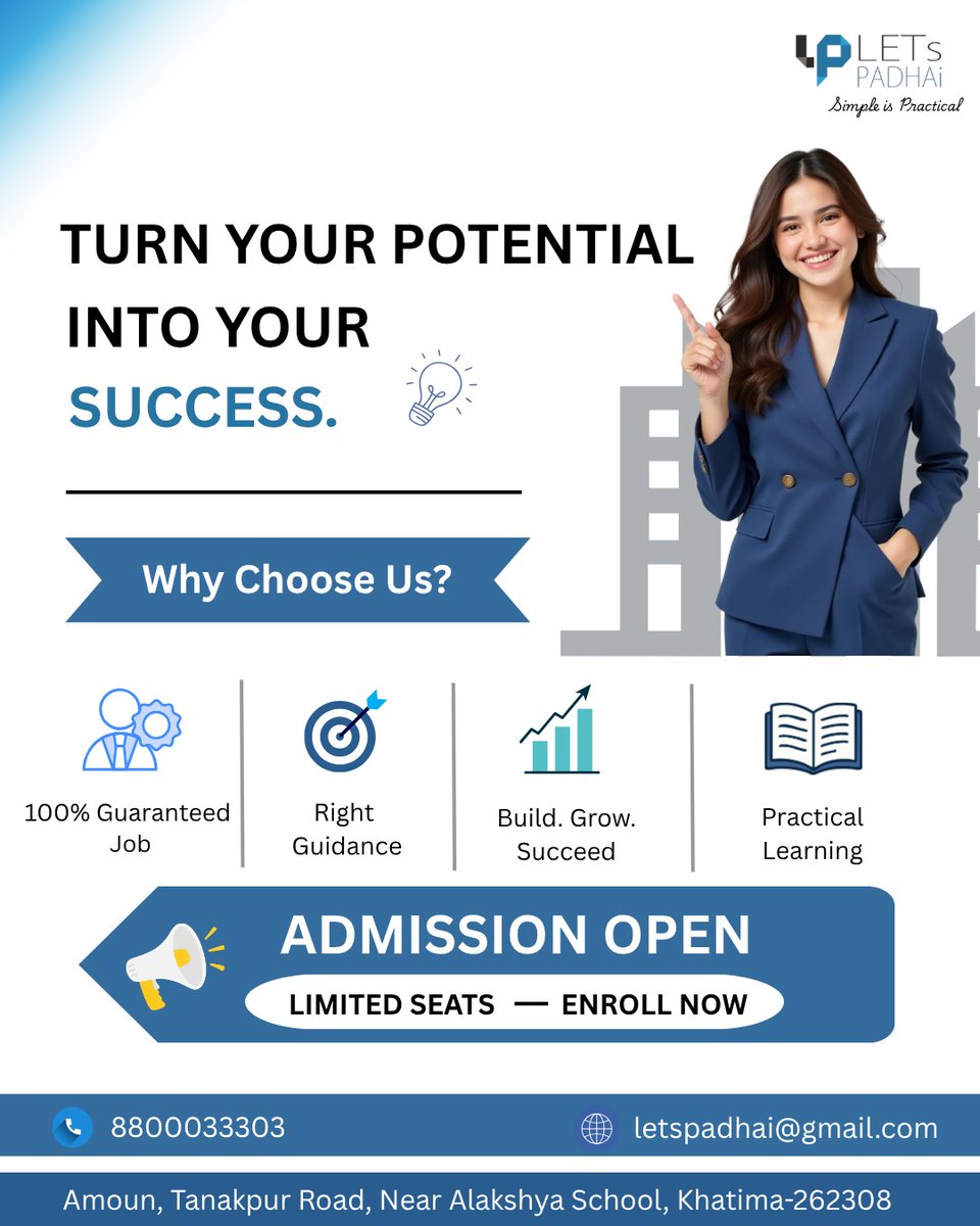 LetsPadhai's tweet photo. What’s the biggest challenge you face when turning your learning into a real-world career? 💭 Share your thoughts below! 👇
A
📞 Contact Us Today: 8800033303
#LetsPadhai #TurnPotentialIntoSuccess #CareerGuidance #PracticalLearning #100PercentPlacement #AdmissionOpen https://t.co/7XeOcQyCon