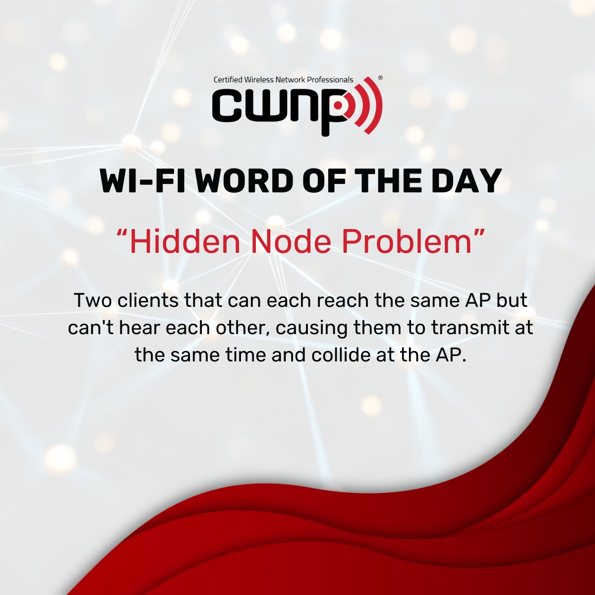 CWNP's tweet photo. 📘 Wi-Fi Word of the Day: Hidden Node Problem

Picture two clients that can both hear the access point clearly, but can't hear each other. Neither one knows the other is transmitting, so they both send data at the same time and collide at the AP.

That's the hidden node problem. It's common in larger coverage areas, outdoor deployments, or anywhere physical obstructions sit between clients that share an AP.

The result looks like random packet loss and retries with no obvious cause, which makes it one of the trickier RF issues to diagnose from a dashboard alone. Understanding how CSMA/CA and RTS/CTS work to manage this is core to real wireless troubleshooting.

Recognizing the pattern is the first step to fixing it.
