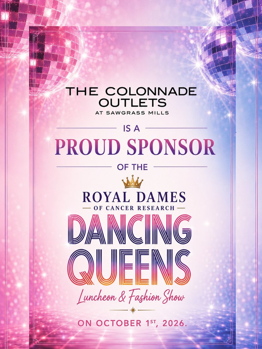RoyalDamesFTL's tweet photo. The runway is calling! 👗✨ The Colonnade Outlets at Sawgrass Mills brings style to the “Dancing Queens” Luncheon Oct. 1, with luxury looks on the runway &amp; a special silent auction donation supporting cancer research.

@shopsawgrass #RoyalDames #DancingQueens #CancerResearch https://t.co/57k25CDcc3