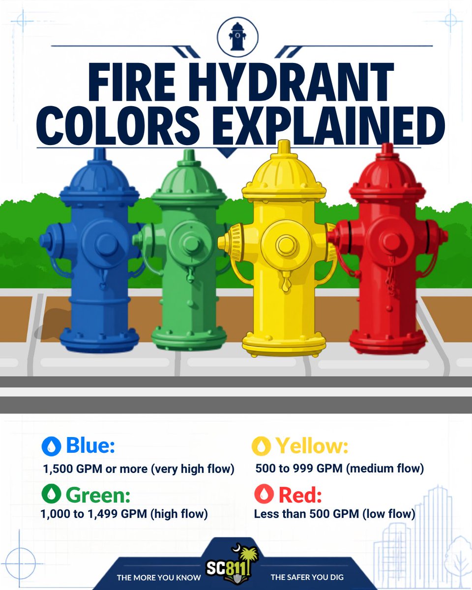 sc_811's tweet photo. You’ve probably noticed fire hydrants come in different colors, but have you ever wondered what those colors mean? They can indicate the amount of water flow available.
#funfact #firehydrant #colors https://t.co/zgSNorcODx