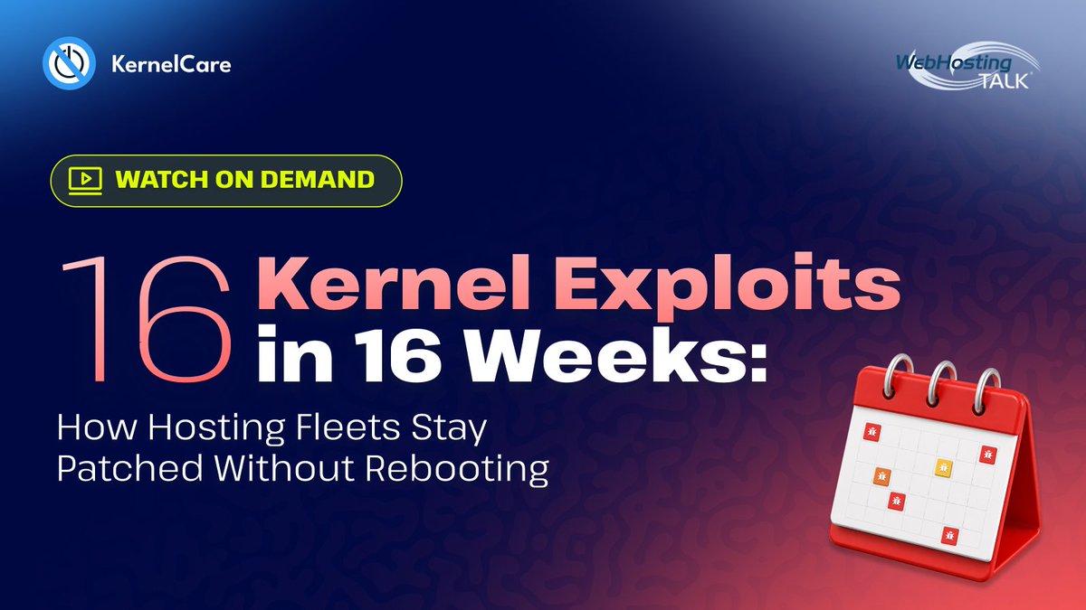 CloudLinuxOS's tweet photo. Recording is live: 16 kernel exploits in 16 weeks, what rebooting through them costs, and how fleets keep kernels patched while they run.

Watch on demand: https://t.co/TG1SSy4q4T https://t.co/6tuUg6jsGP