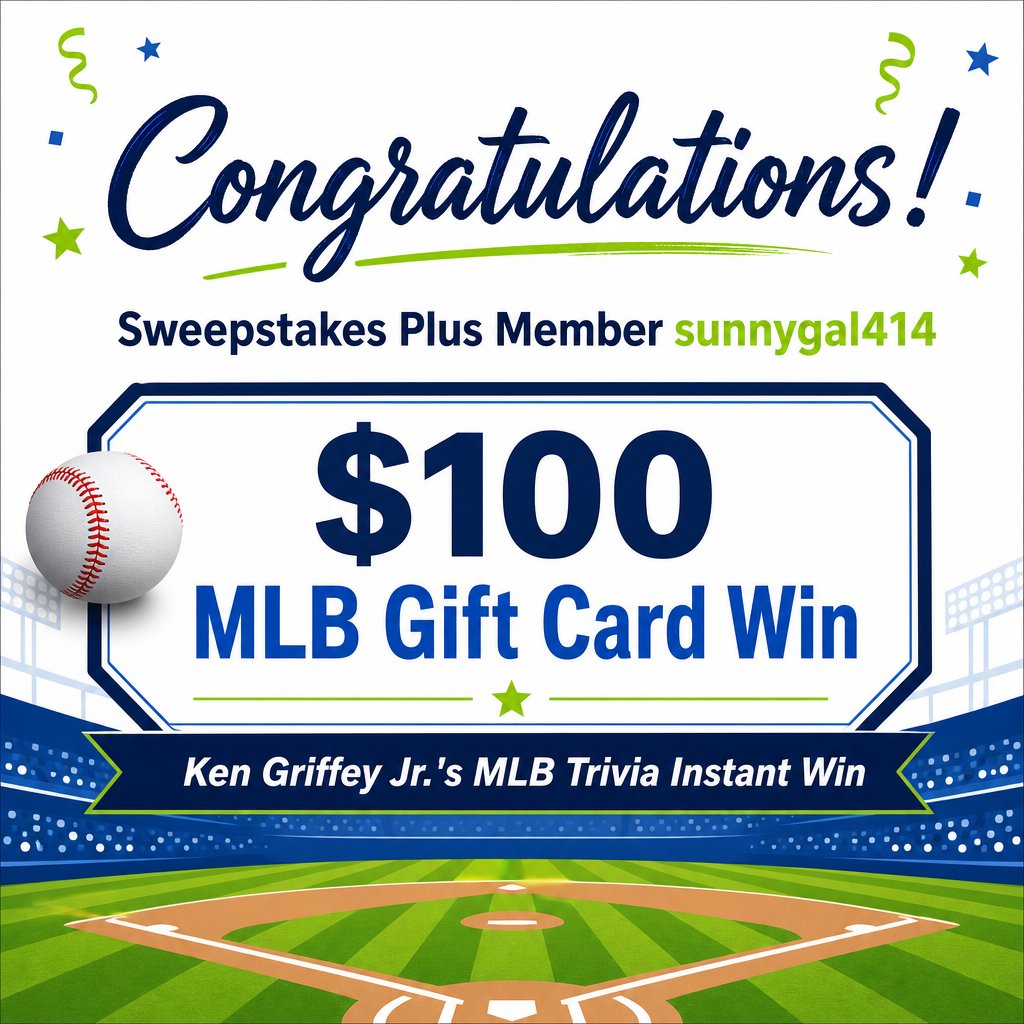 SweepsAdvantage's tweet photo. Congrats to Sweepstakes Plus member sunnygal414 on winning a $100 MLB Gift Card! ⚾🎉

Real member wins like this are shared in our forum. Join the Winner’s Circle:
https://t.co/AkfcF1tbgu

#SweepstakesWinner https://t.co/m2qPkUOjrk