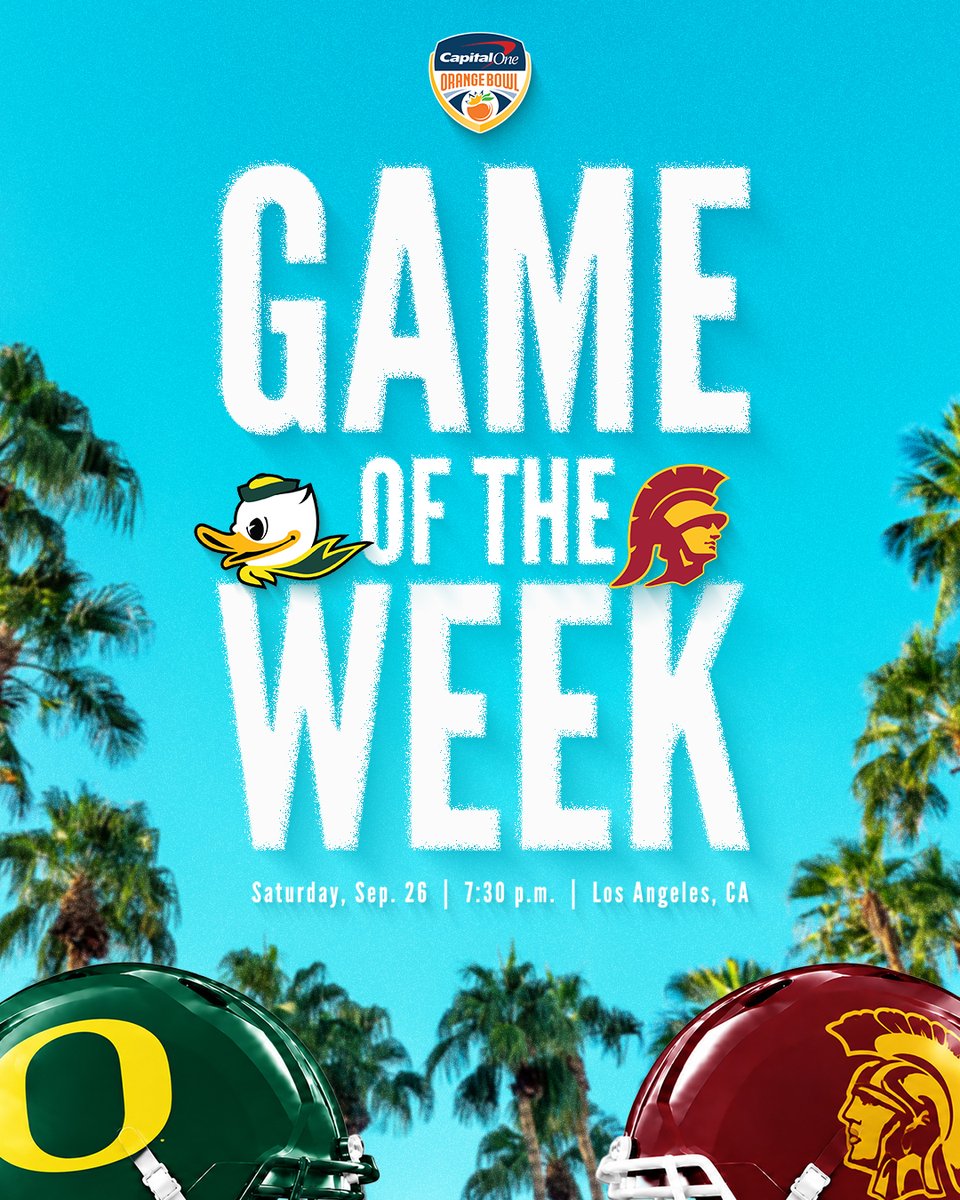 OrangeBowl's tweet photo. West Coast showdown ๐ด๐
@oregonfootball vs. @uscfb is our Game of the Week.
#CapitalOneOrangeBowl https://t.co/VVB5mqtAnb