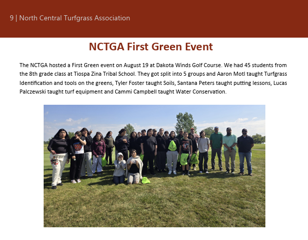 TheFirstGreen's tweet photo. The North Central Turfgrass Association featured a First Green event for Tiospa Zina Tribal School 8th graders at Dakota Winds Golf Course in their summer newsletter. We're happy to see First Green making an impact across the country!
@GCSAA https://t.co/urGT5Fph2m