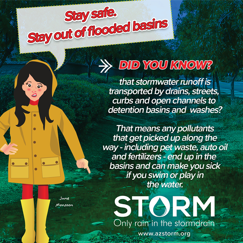 CITYOFMESA's tweet photo. 🌧️ Stay safe by staying out of flooded basins. Stormwater runoff can carry oil, pet waste, fertilizers, and other pollutants into flood-control basins, making the water unsafe for swimming or playing. Ew! Remember: Only rain in the storm drain. Learn more: https://t.co/Qx2r1EQdi6 https://t.co/eZHTkxkYQw