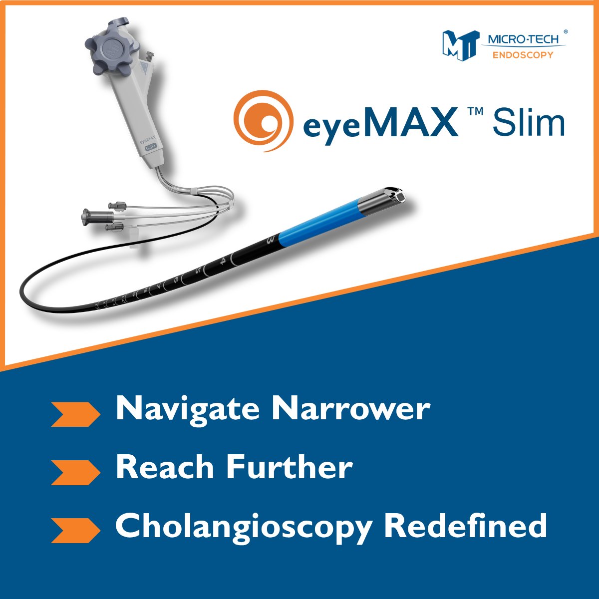 MicroTechEndo's tweet photo. Introducing eyeMAX™ Slim, a next-gen cholangioscope built with a streamlined, ultra-slim design that maintains a therapeutic working channel. With the smallest scope profile on the market, it's designed for improved maneuverability and compatibility with commonly used therapeutic duodenoscopes, giving physicians the access they need.

Learn more: https://t.co/vFm1UhzHrz