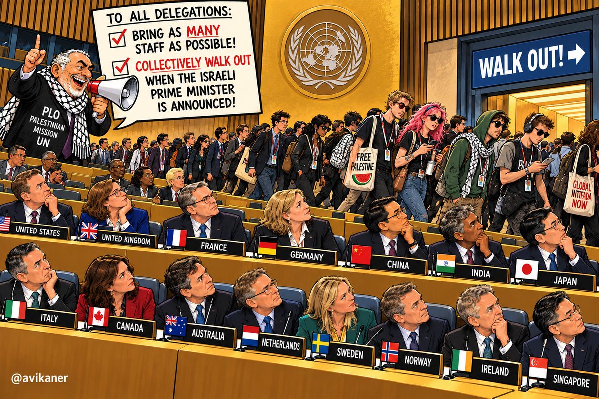 AviKaner's tweet photo. Evidence has emerged that the PLO mission to the United Nations sent messages to delegations asking them to "bring as many staff as possible to the assembly hall and collectively walk out of the assembly once the Israeli prime minister is announced." https://t.co/x1jBy2hxjL