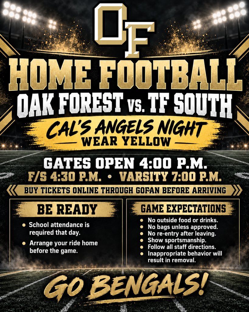 ExperienceOFHS's tweet photo. Happy Friday Bengals &amp; Bengals Fans!
It's Game Time tonight - F/S @ 4:30pm - Varsity @ 7pm
Tix on GoFan
Wear Yellow/Gold for Cal's Angels Night
Let's Go Bengals!!🏈🏈🏈 https://t.co/F99MmB0AgP