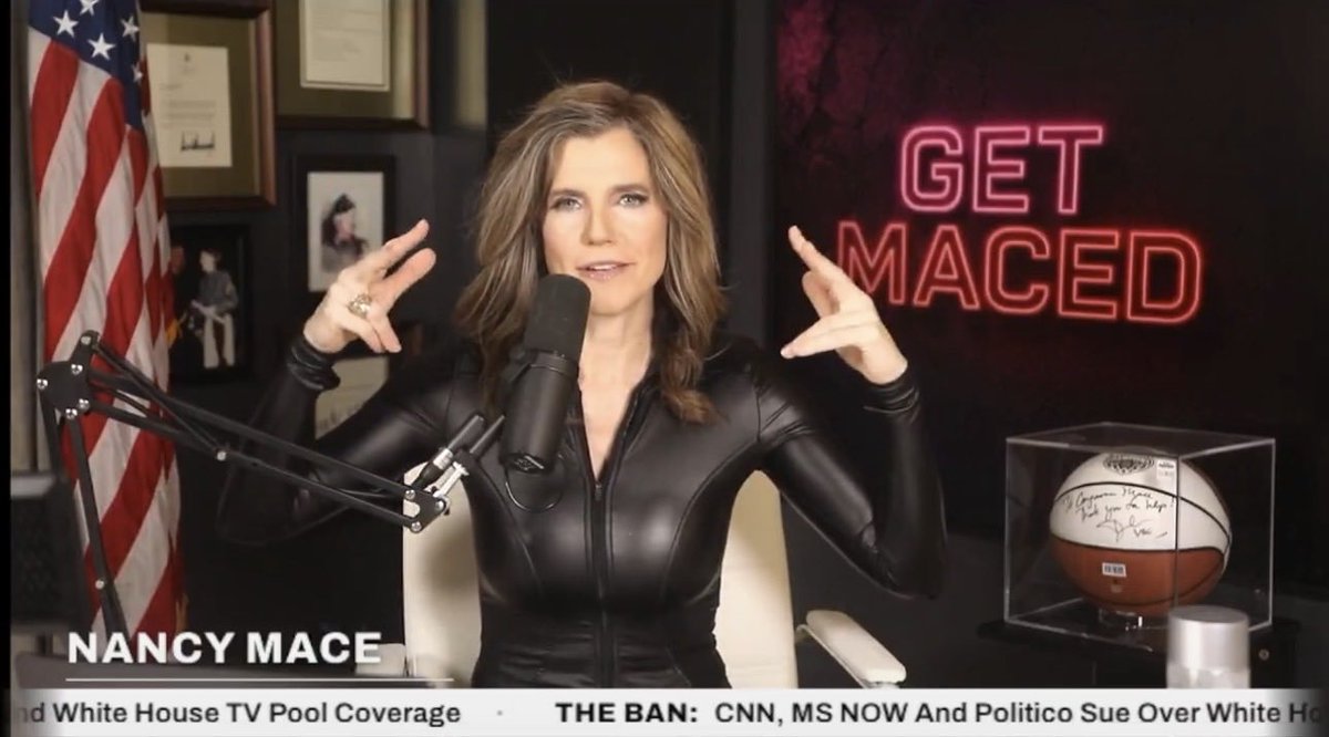 RightWingCope's tweet photo. i regret to report that nancy mace has suffered from a midlife crisis and transformed into a leather cat outfit wearing camgirl https://t.co/mqiiRqLaCo