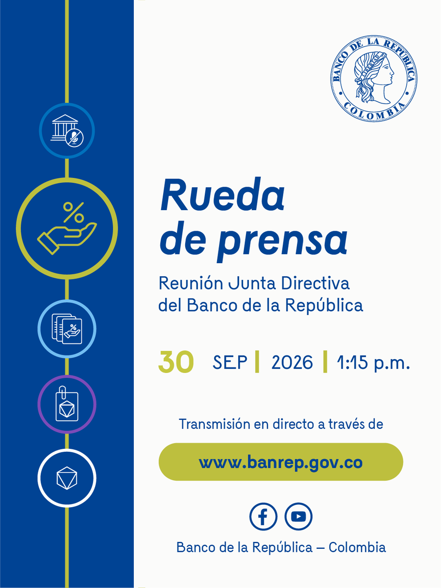 BancoRepublica's tweet photo. La #JuntaBanRep se reúne mensualmente y en 8 de las 12 reuniones toma decisiones sobre el nivel de la tasa de interés de intervención. La reunión se realiza el último día hábil del mes y este mes hay decisión sobre la tasa de interés de intervención.
Siga la transmisión en nuestras redes sociales 📱, página web y canal de YouTube 👉 https://t.co/RkbNI83Lz4