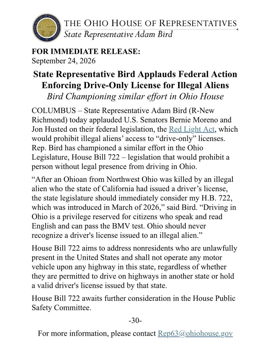 AdamCBird's tweet photo. Ohio should not recognize a Driver’s License issued to an illegal alien by another state.  This is common sense legislation that increases safety for Ohioans. 
@berniemoreno 
@SenJonHusted https://t.co/08F5iijwg9
