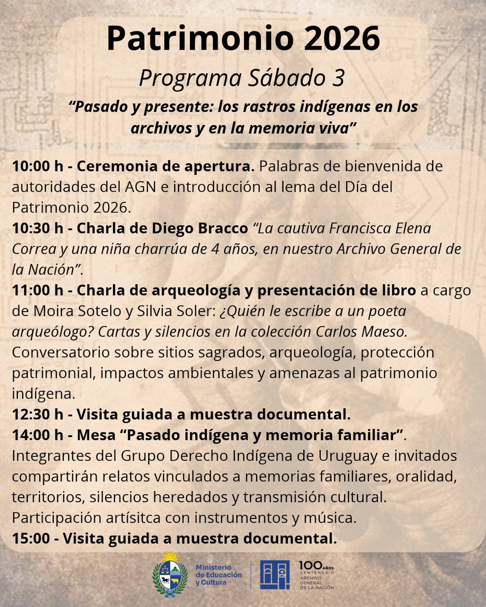 AGN_Uruguay's tweet photo. 🌿 Patrimonio 2026: raíces indígenas, memoria y futuro
Este 3 y 4 de octubre, el AGN abre sus puertas con charlas, conversatorios, muestra documental, patrimonio arqueológico, relatos y actividades para toda la familia.
#Patrimonio2026 #AGN #Memoria #PatrimonioCultural https://t.co/5vJV3OgtsJ