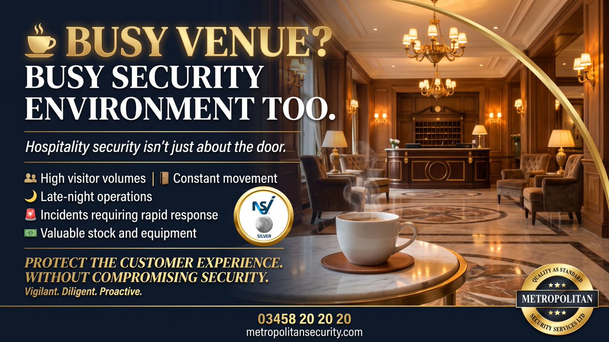 MetropolitanSS2's tweet photo. ☕ A busy hospitality venue has more than customers coming through the door. Hotels, restaurants, cafés and hospitality venues can deal with:
👥 High visitor volumes
🚪 Constant movement through entrances
📦 Deliveries and contractors
💷 Valuable stock and equipment... https://t.co/k4RCOM4Onb
