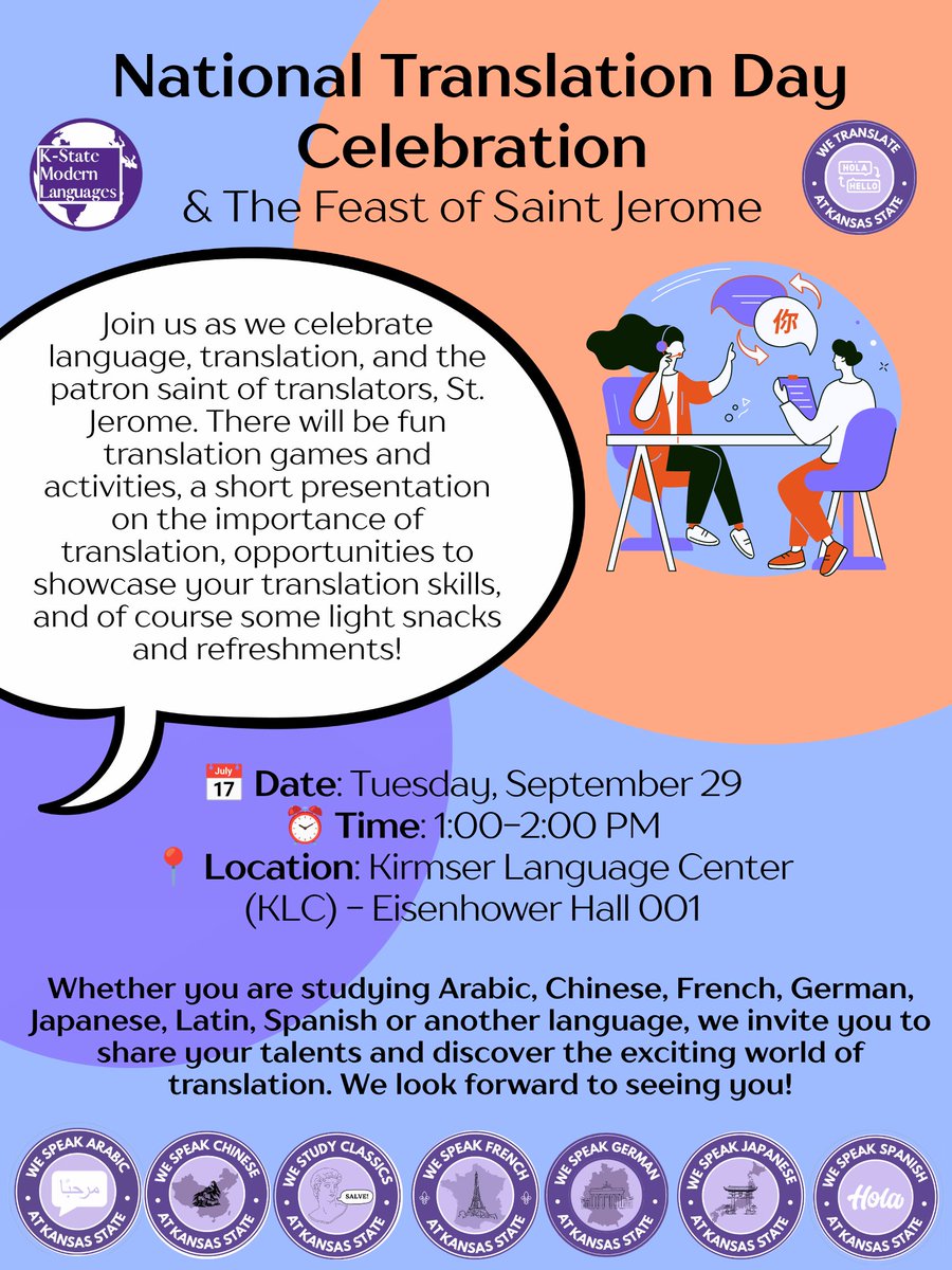 kstatespanish's tweet photo. Join us on Tuesday 9/29, from 1-2pm in the KLC to celebrate National Translation Day. This day coincides with the Feast of St. Jerome, patron saint of Translators. Bring a creative text &amp; translation with you, or simply join us to learn about the long history of translators! https://t.co/QiwSVBzR90