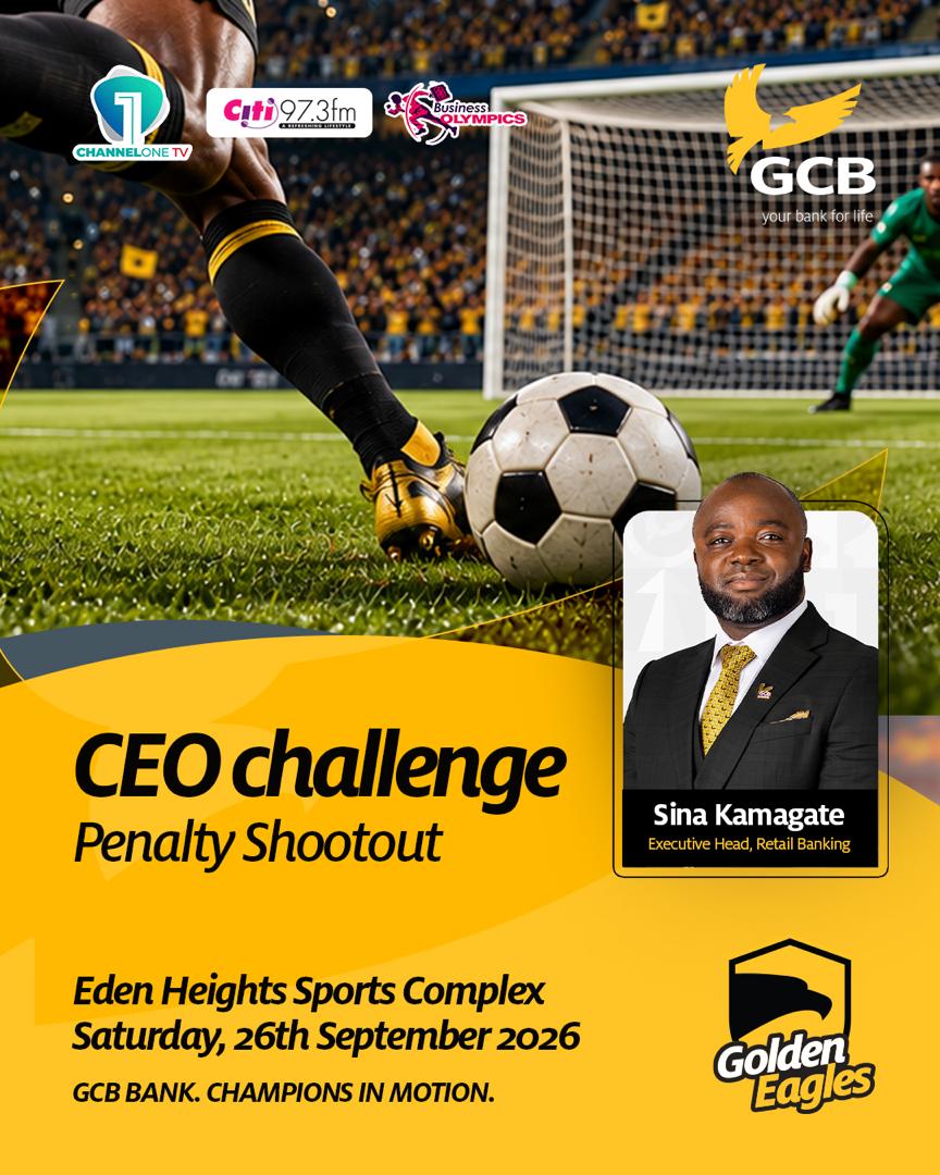 GCBBankPLC's tweet photo. The pressure is on. The gloves are ready. And GCB is stepping up to the spot! ⚽🔥
Catch Sina Kamagaté, our Executive Head, Retail, in the CEO Challenge Penalty Shootout.
Golden Eagles, bring the noise! 🦅💛
#GoldenEagles #CitiBusinessOlympics #GCBCares #YourBank4Life https://t.co/l52CO4gexQ