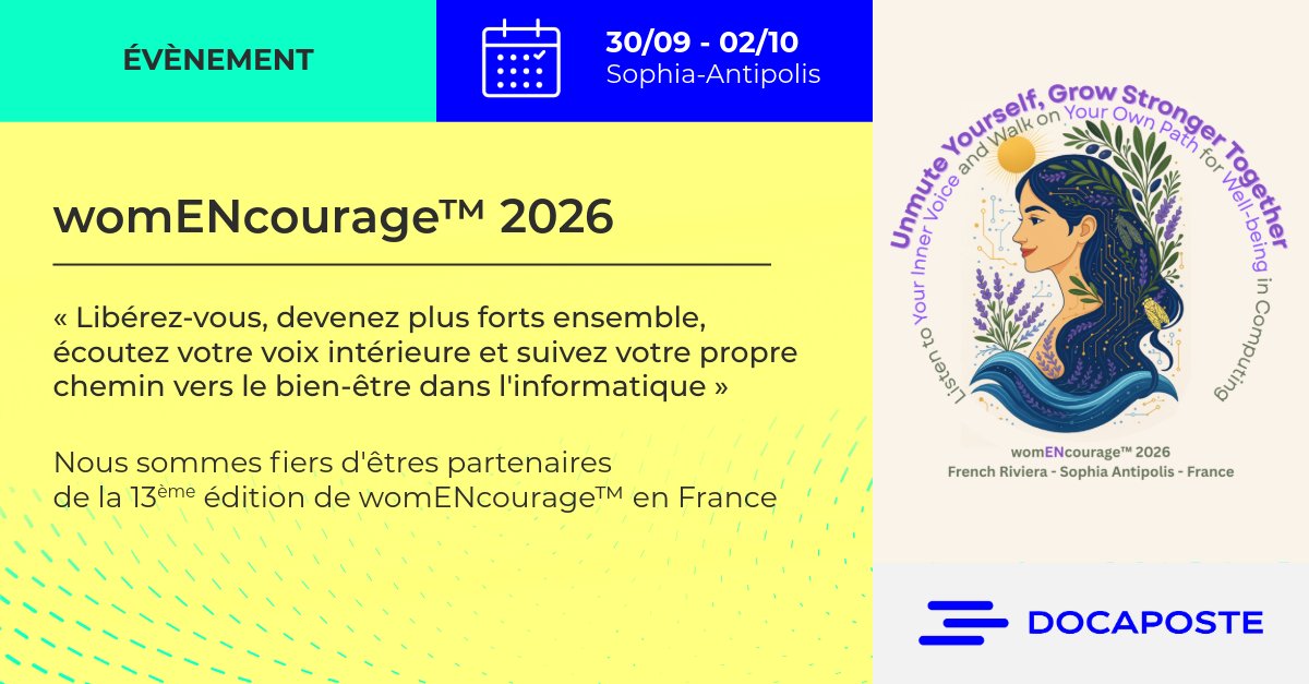 Docapost's tweet photo. @Docapost est partenaire de la 13e édition de @acmweurope (29/09 au 2/10 Sophia-Antipolis) sur le thème "Libérez-vous, devenez plus forts ensemble, écoutez votre voix intérieure et suivez votre propre chemin vers le bien-être dans l'informatique".
https://t.co/vREY9IIqu8 https://t.co/wwMFgZOVSC