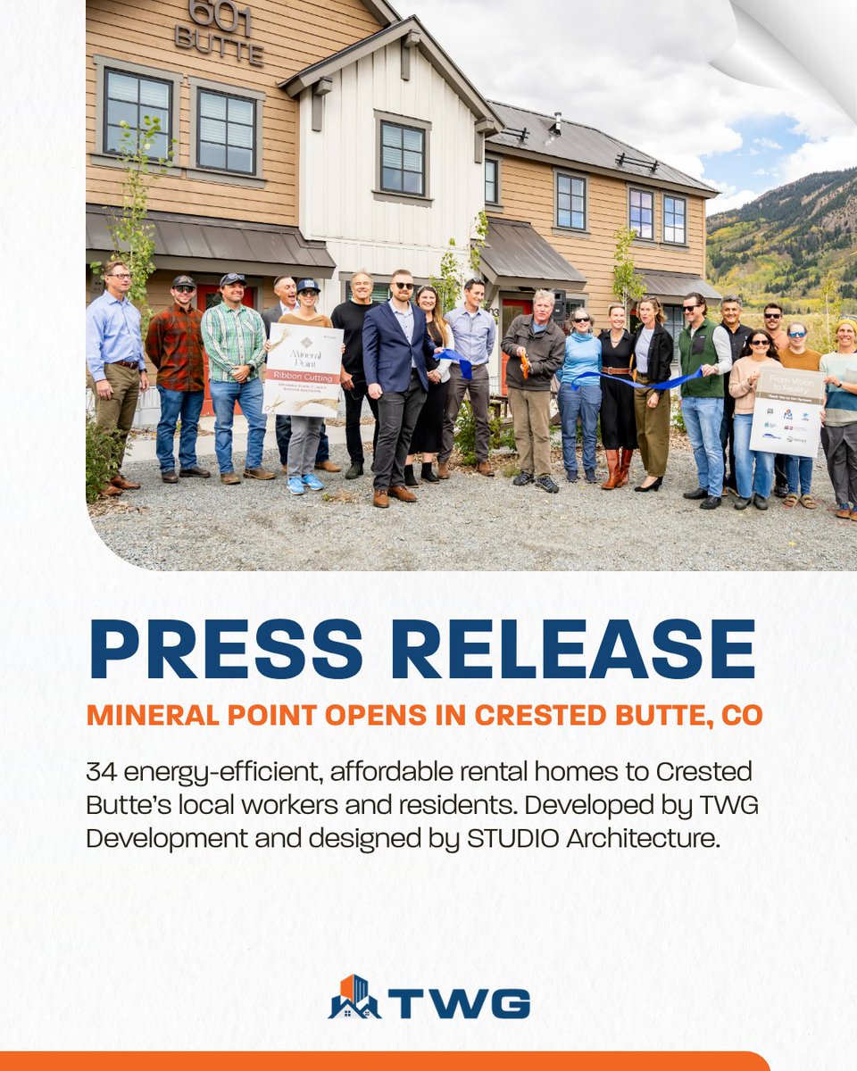 twgdev's tweet photo. TWG Development celebrated the opening of Mineral Point, a 34-unit affordable rental community in Crested Butte, CO. Designed by STUDIO Architecture, it offers all-electric homes with connections to town, transit and trails.

https://t.co/Cp9ADQ6N7o https://t.co/X0uQRiriHx