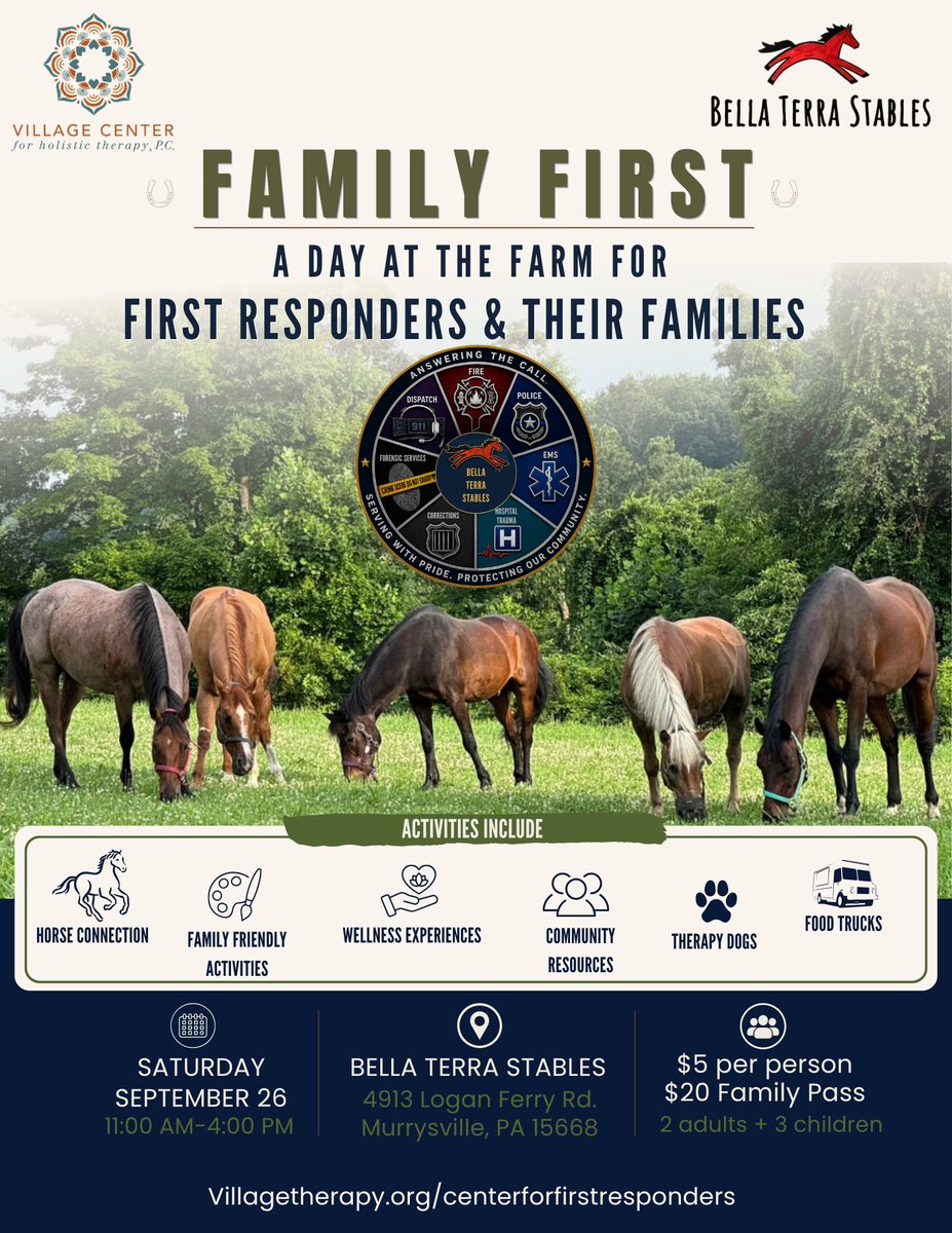 HighmarkCaring's tweet photo. FIRST RESPONDERS! YOU'RE INVITED TOMORROW, 9/26 | MURRYSVILLE, PA.  @HighmarkCaring staff join The Village Center for Holistic Therapy &amp; Bella Terra Stables in supporting this community event. Food, Wellness, Fun. Details available through organizer: https://t.co/StoXh6yRSZ https://t.co/LUVtkXQcvl