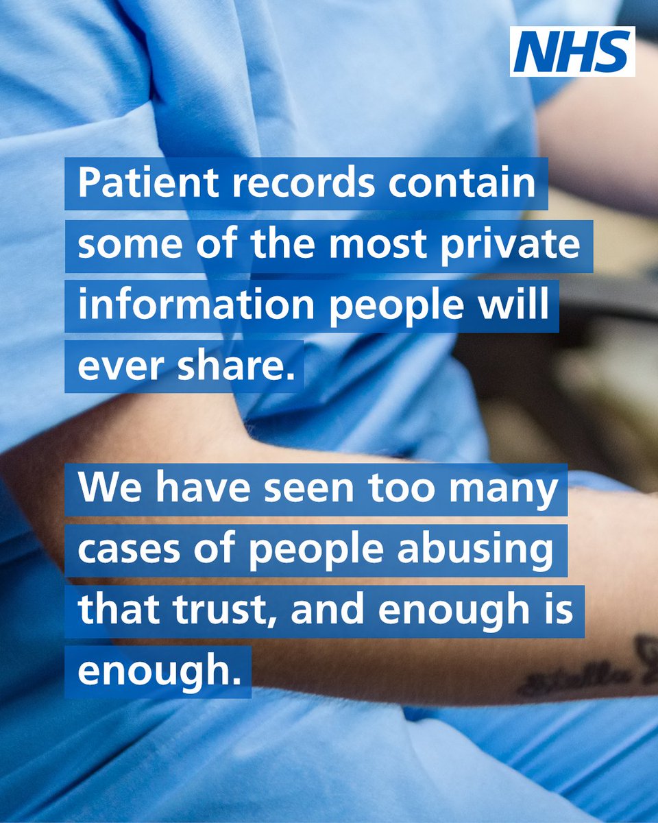 NHSEngland's tweet photo. Anyone who thinks they can satisfy their curiosity by unlawfully looking at a patients’ record should know this: they will be found out, they may lose their career, and they could end up with a criminal record. 

 Read our full guidance for staff here ➡️ https://t.co/xcXDfM6P7o https://t.co/5RQJKyrVOa