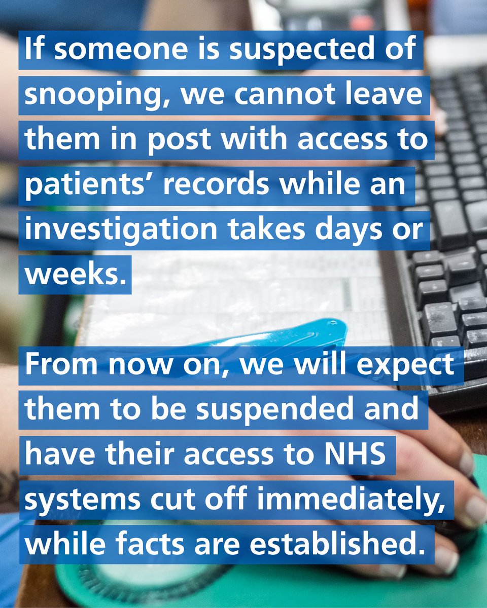 NHSEngland's tweet photo. Anyone who thinks they can satisfy their curiosity by unlawfully looking at a patients’ record should know this: they will be found out, they may lose their career, and they could end up with a criminal record. 

 Read our full guidance for staff here ➡️ https://t.co/xcXDfM6P7o https://t.co/5RQJKyrVOa
