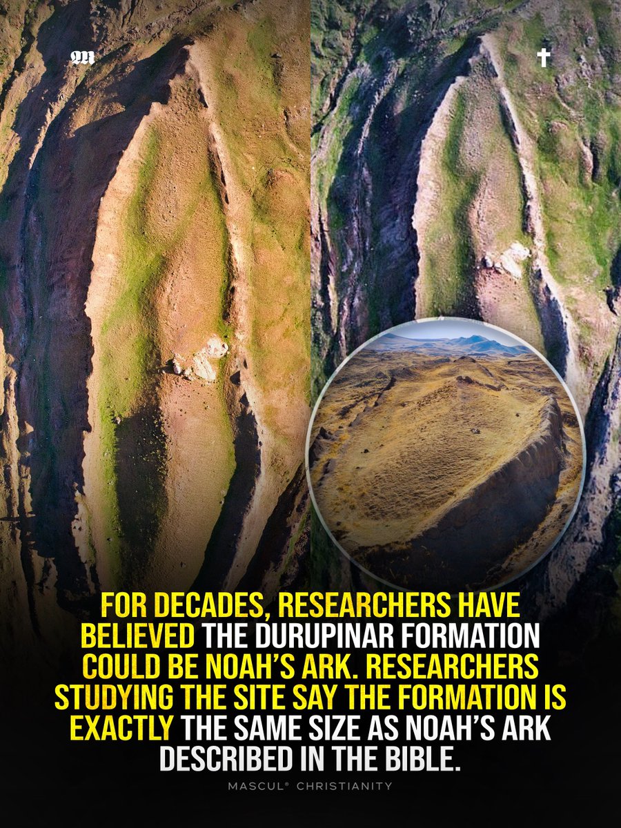 masculchristian's tweet photo. Researchers studying the Durupınar Formation in eastern Turkey say new findings have “100% confirmed” the boat shaped site is man made and believe it is the resting place of Noah’s Ark, matching the dimensions described in Genesis. New scans and core drilling have also revealed underground structures, organic rich material and a hard layer researchers believe could contain petrified wood.