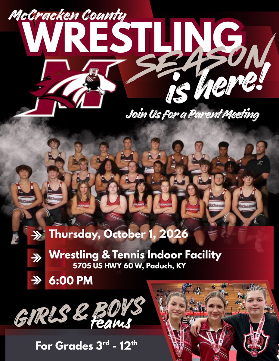 CoachSpad's tweet photo. There will be a McCracken Co. Wrestling Info Meeting on Thu. Oct. 1st @ 6pm in the Rowton Indoor Tennis Center 5705 US Hwy. 60 West (by Menards) for Boys &amp; Girls Grades 3rd-12th… https://t.co/WHKNSkswEs
