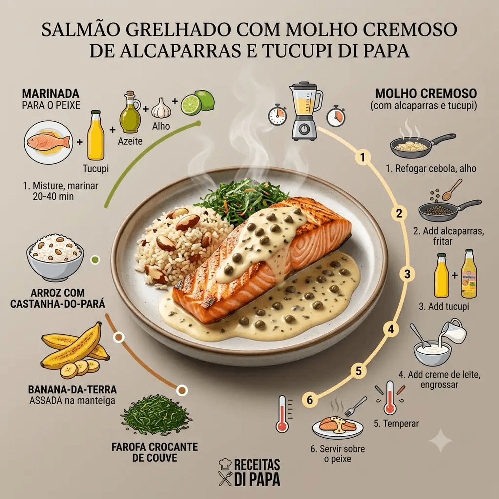PapasChefBR's tweet photo. 🐟🌿 Salmão grelhado com molho cremoso de alcaparras e tucupi: o peixe marinado no tucupi com alho e lima, grelhado e coberto por um molho que une a Amazônia à cozinha clássica.

📍 Receita completa no Instagram @papas_chef
#salmao #tucupi #alcaparras #papaschef https://t.co/MmFgsIrMVT