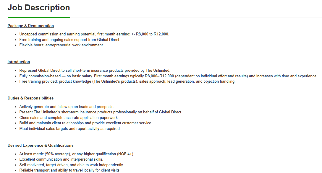 HunterSpani's tweet photo. Job Alert!!!

Company: The Unlimited Group
Position: Sales Agent
Location: Benoni, Gauteng
Click here to apply: https://t.co/7vjAo2fc02
Closing Date: 25 October 2026

Minimum Requirements:
At least matric (50% average), or any higher qualification (NQF 4+).
Excellent  communication and interpersonal skills.
Self-motivated, target-driven, and able to work independently.
Reliable transport and ability to travel locally for client visits.
Basic smartphone and ability to use simple sales/admin apps.
South African citizen with a South African ID.
No experience required.

Please refer to the picture for more info