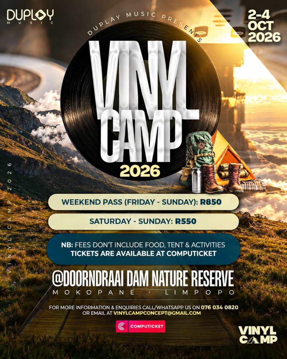 Computicket's tweet photo. ποΈπ₯ GAUTENG, WHO ARE YOU BRINGING?
It sounds like an easy oneβ¦ until you see the lineup. ππ₯Vinyl Camp 2026
π https://t.co/QCjjct50gk
π Limpopo
ποΈ 2 Oct
π° From R550
#VinylCamp #Gauteng #Limpopo #Computicket https://t.co/dorp1snZBR